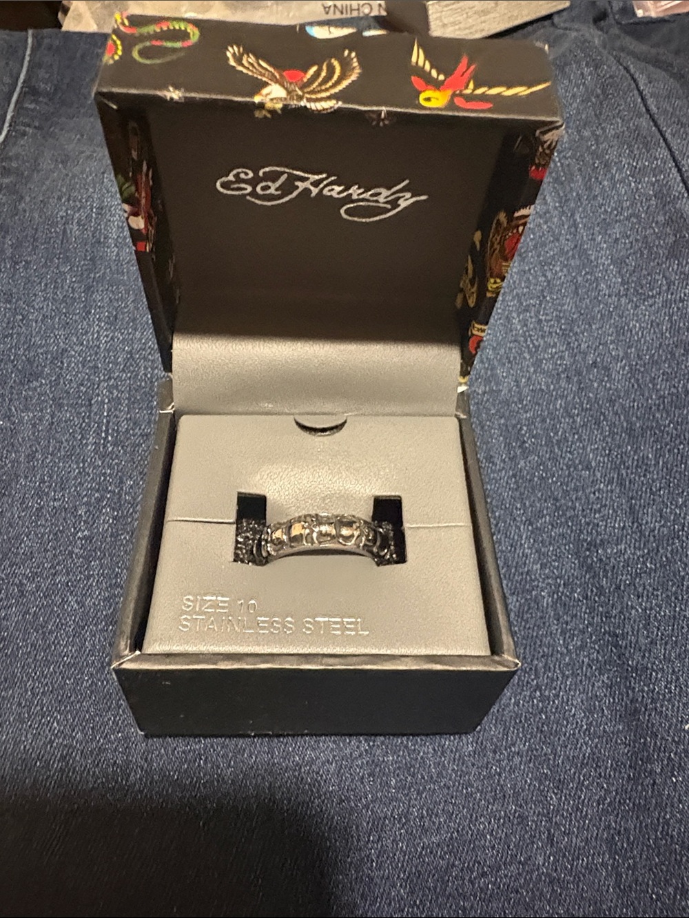 Ed Hardy Black Stainless Steel Ring with Gold Accents